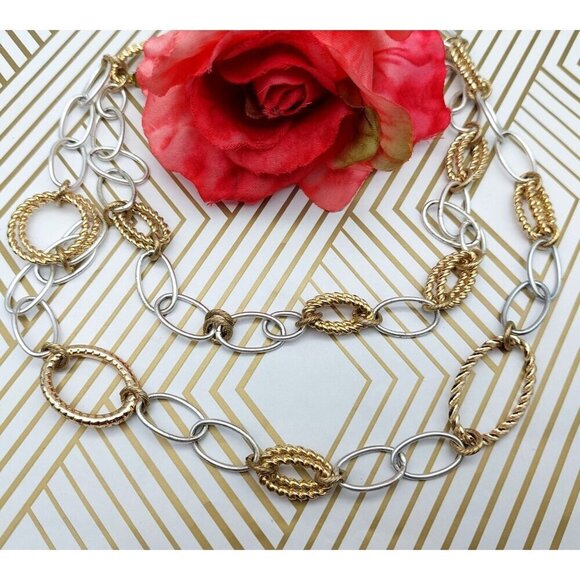 Talbot's Chunky Chain Double Strand Two Tone Statement Necklace Smooth Twisted - Picture 2 of 9